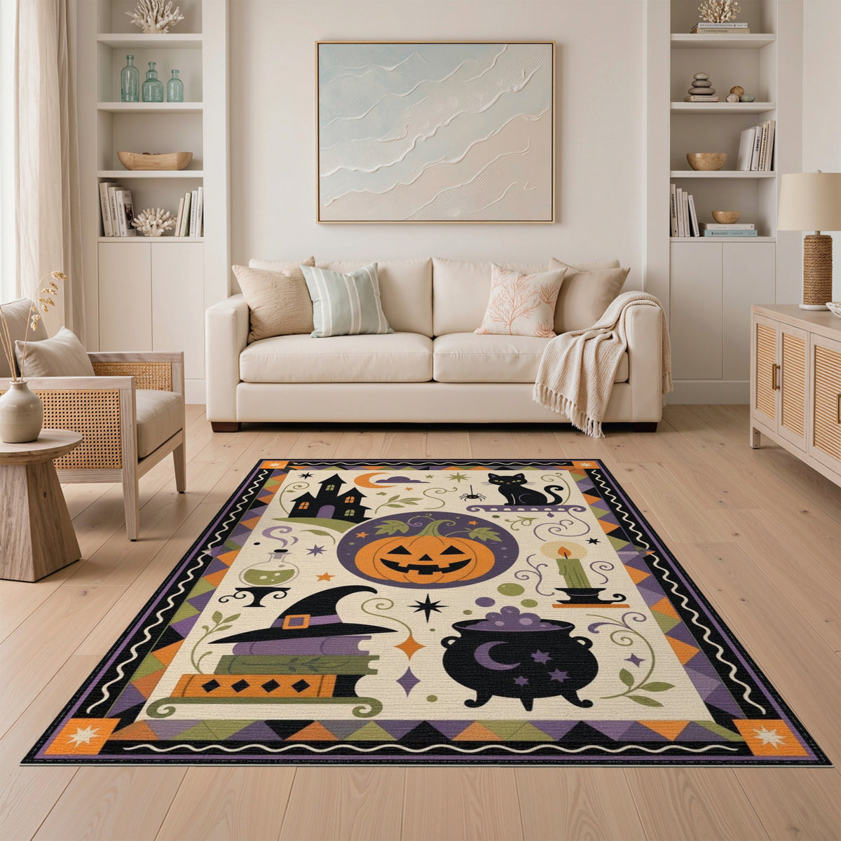 Halloween Multi-color and Patterns Halloween Black Cat Pumpkin Area Rug