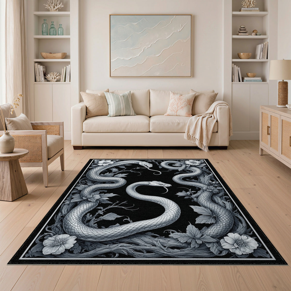 Floral Vintage Black White Serpent Floral Area Rug
