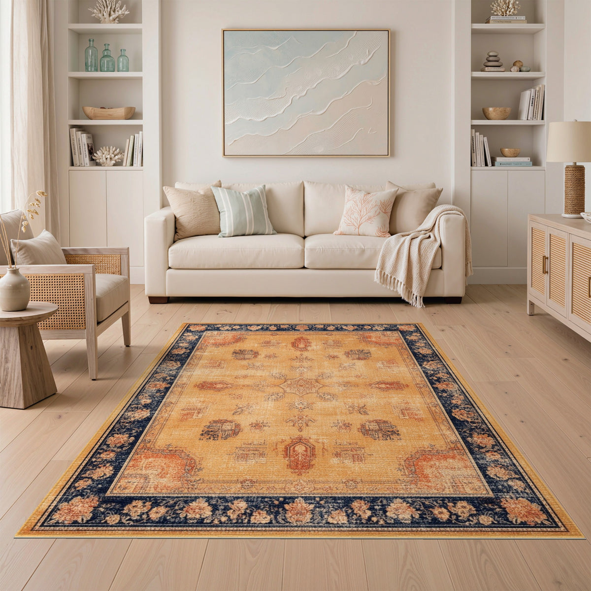 Beige Distressed Vintage Area Rug with Navy Border