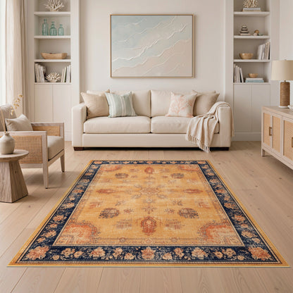 Beige Distressed Vintage Area Rug with Navy Border