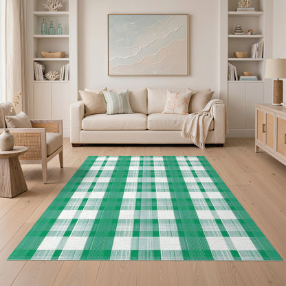 Green Checkered Washable Green Area Rug