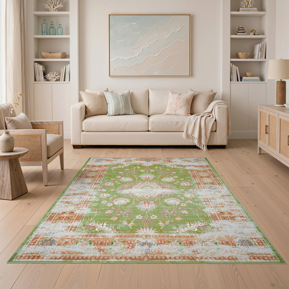 Green Floral Distressed Vintage Area Rug