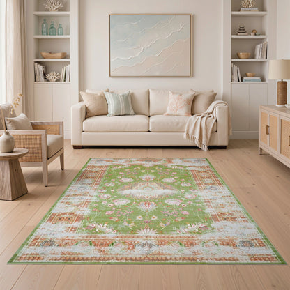 Green Floral Distressed Vintage Area Rug