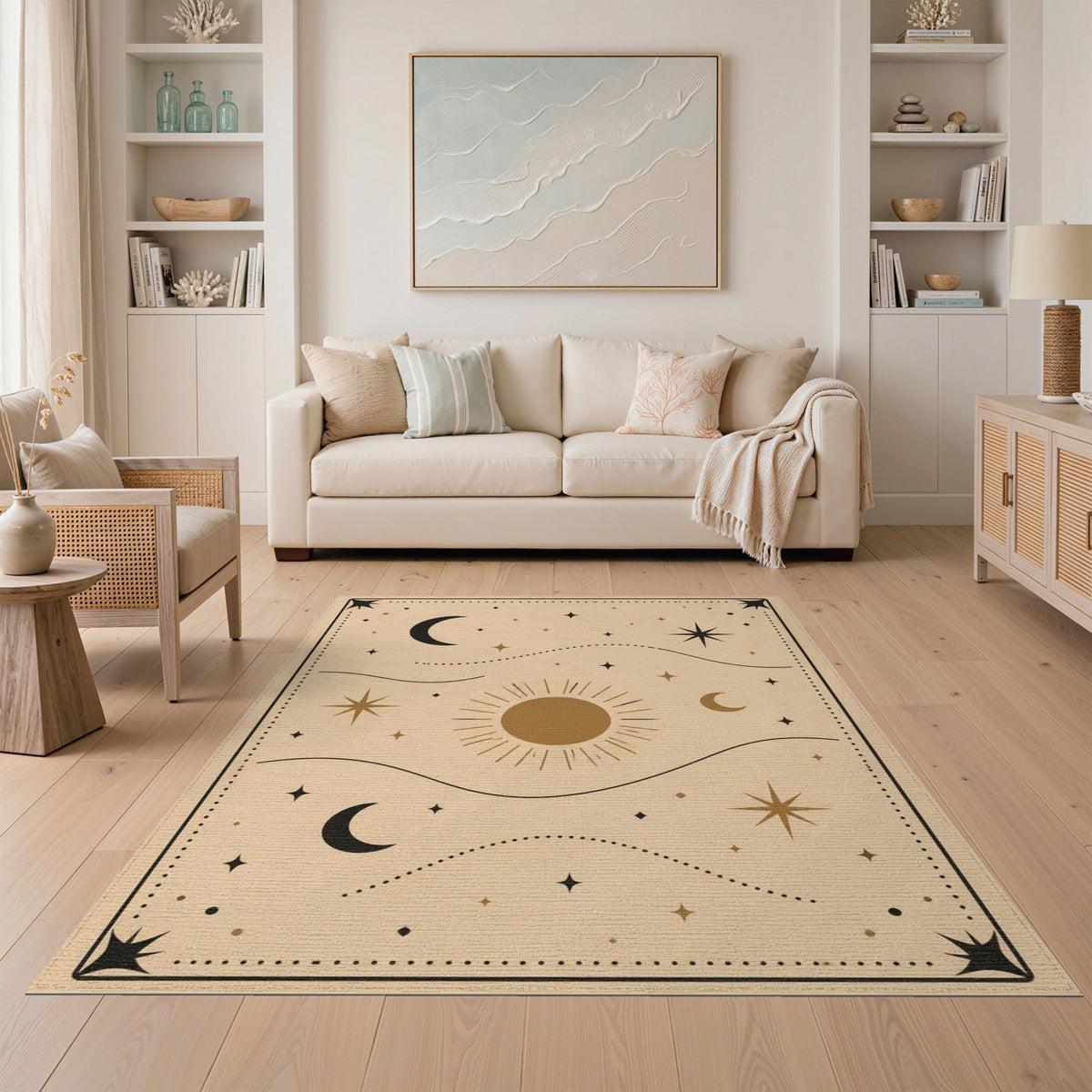Boho Celestial Beige Area Rug with Sun and Moons