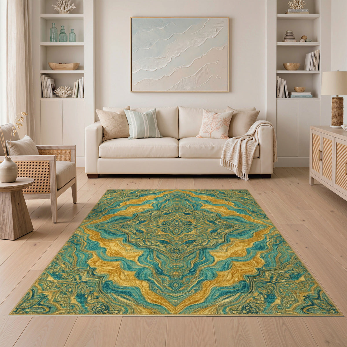 Gold Teal Gold Persian Medallion Area Rug
