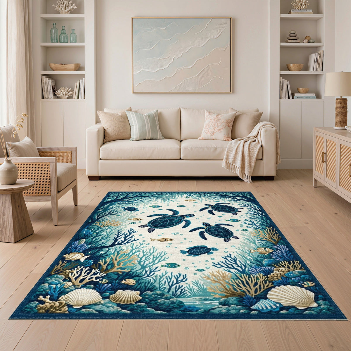 Blue and Teal Blue Teal Sea Turtle Coastal Area Rug