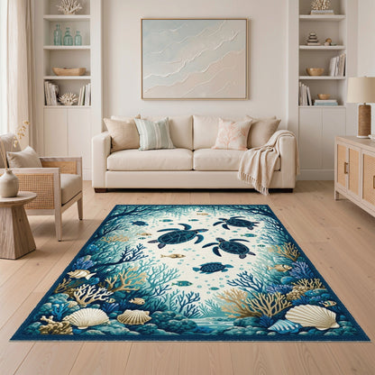 Blue and Teal Blue Teal Sea Turtle Coastal Area Rug
