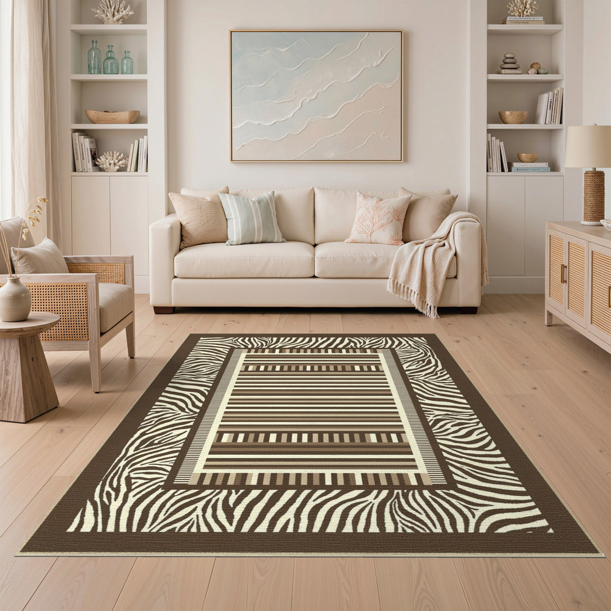 Brown Zebra Border Geometric Striped Area Rug