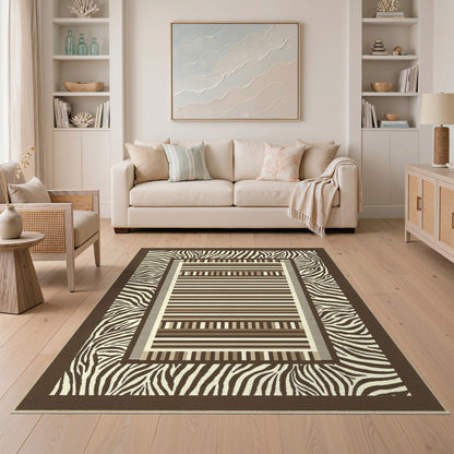 Brown Zebra Border Geometric Striped Area Rug