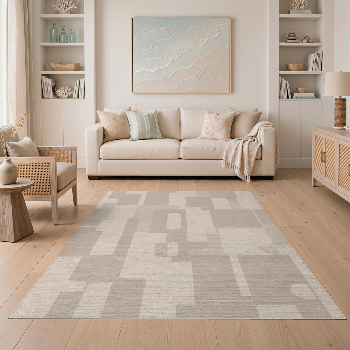 Beige Geometric Block Geometric Modern Area Rug