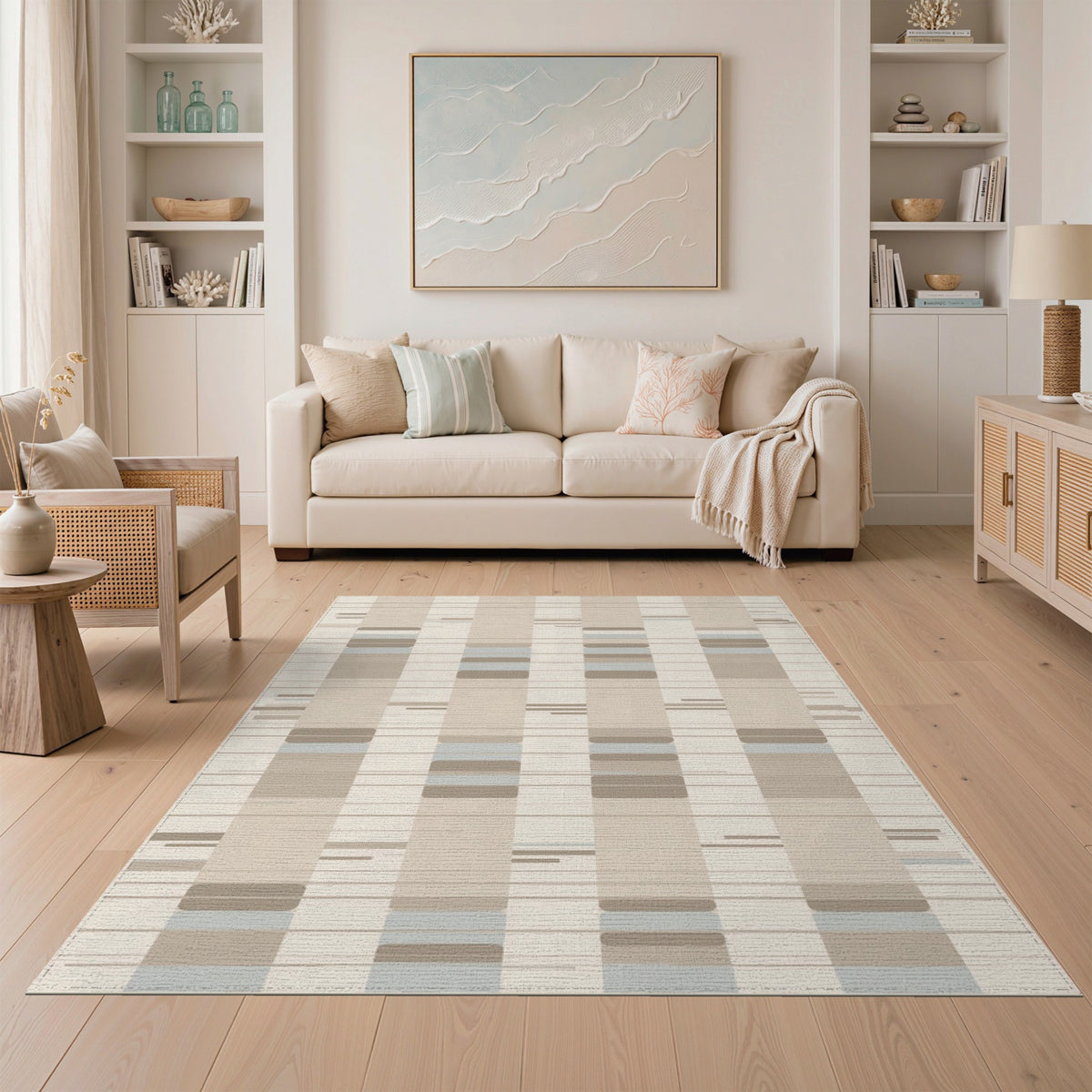 Striped Beige and Neutral Beige Geometric Striped Area Rug