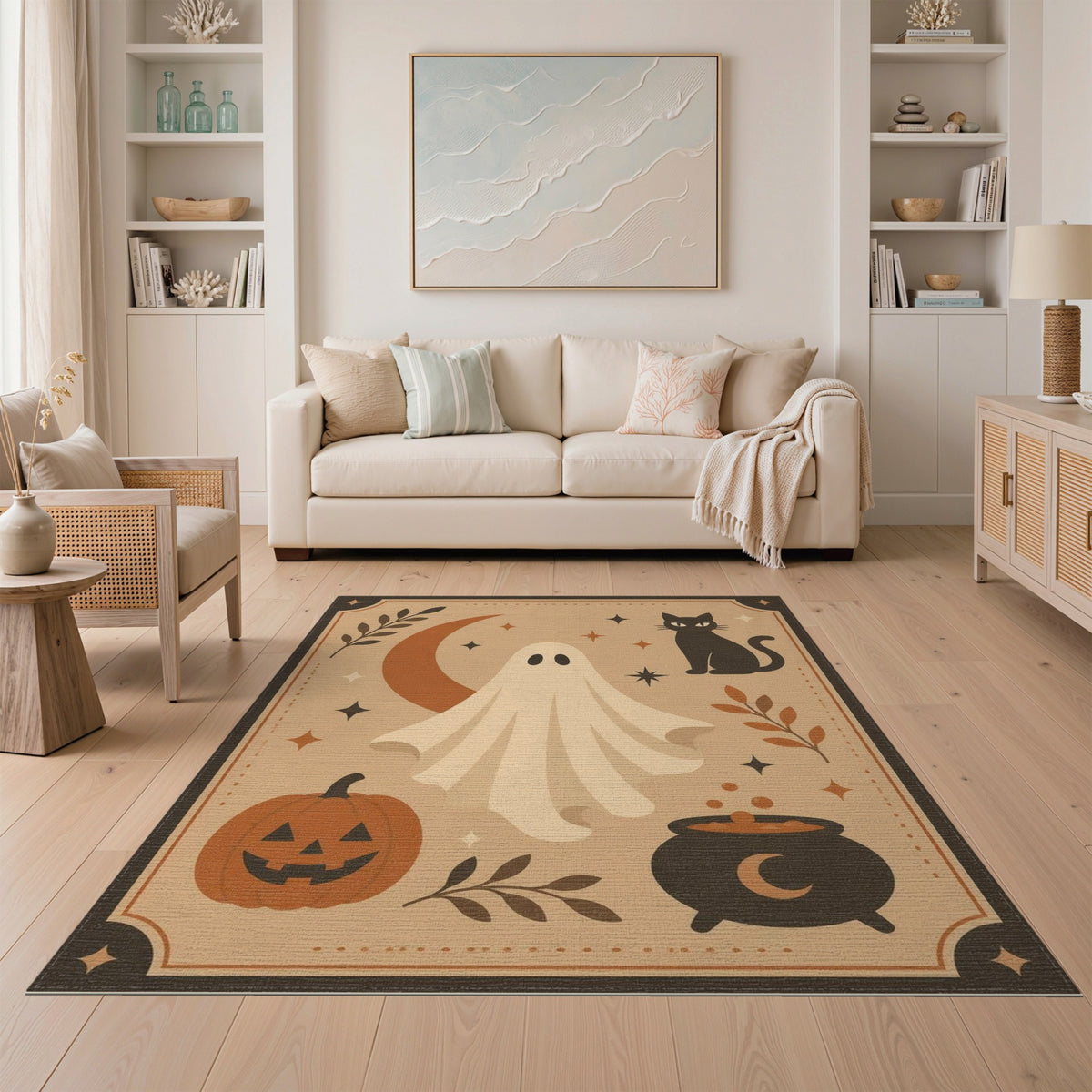 Halloween Ghost Cat Beige Area Rug
