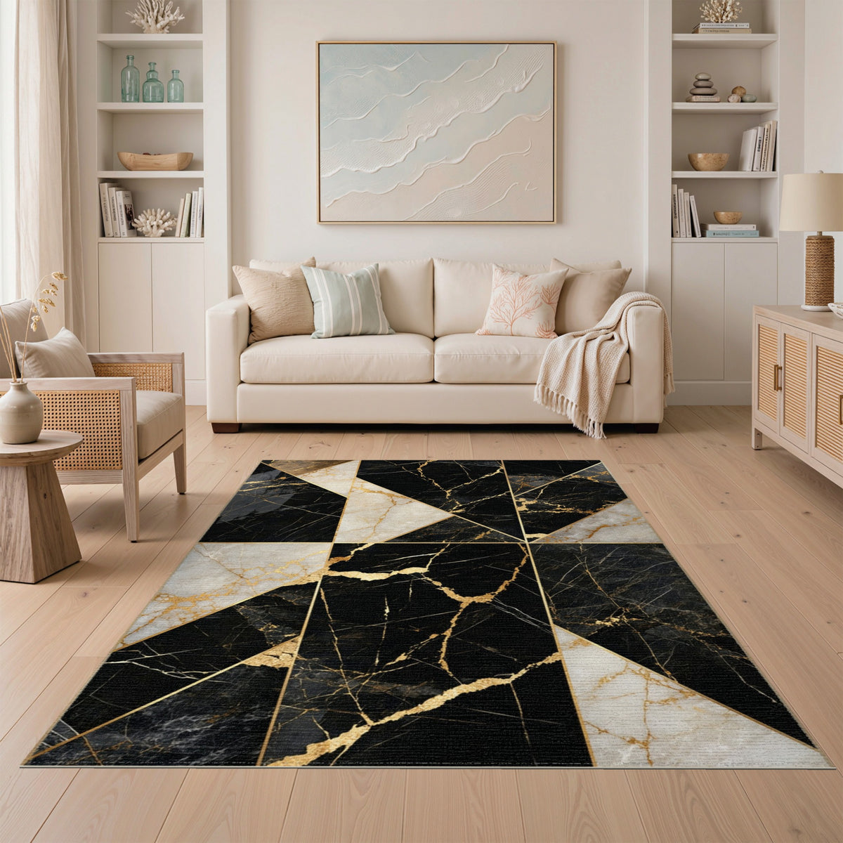 Black Gold Geometric Marble Area Rug