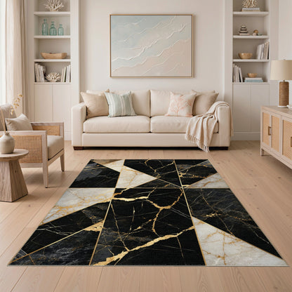 Black Gold Geometric Marble Area Rug