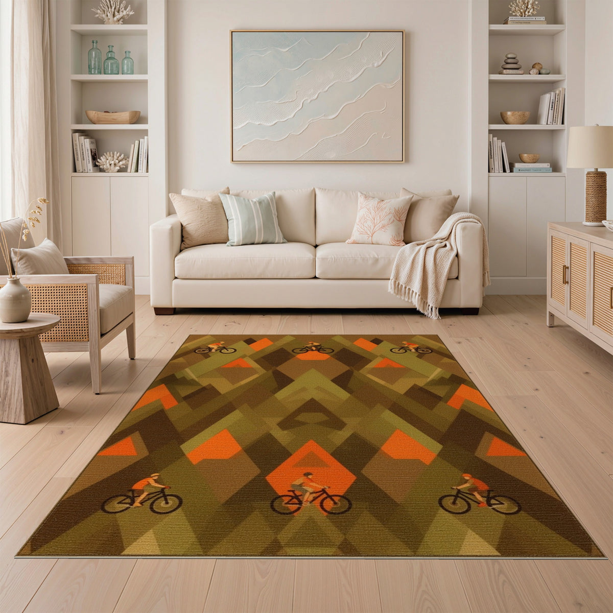 Geometric Mountain Bike Brown Area Rug
