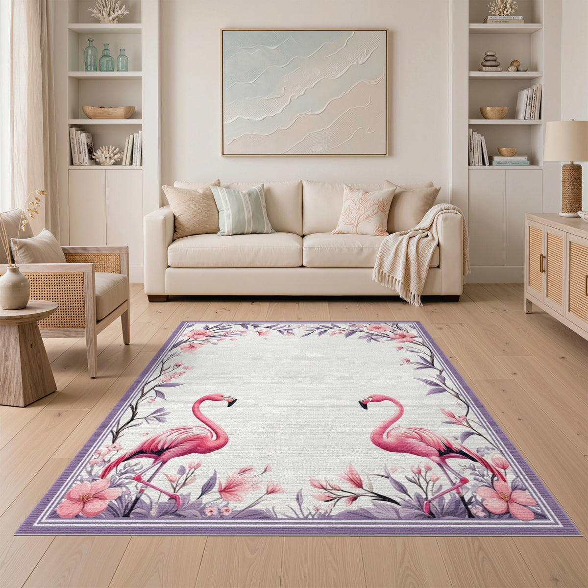 Pink Flamingo Floral Pink Area Rug
