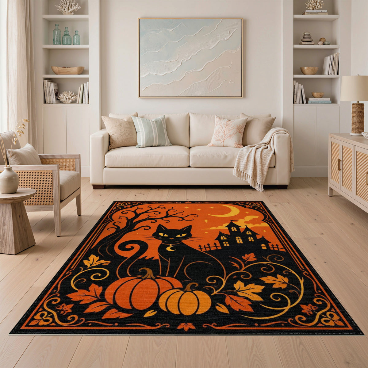 Orange Black Cat Pumpkin Halloween Orange Area Rug
