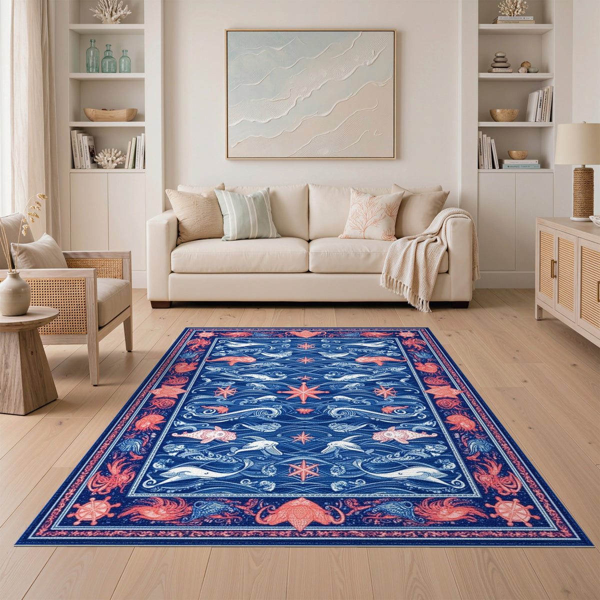 Blue Nautical Ocean Life Area Rug