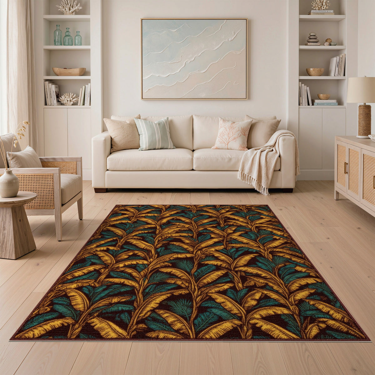 Gold Teal Leaf Boho Area Rug