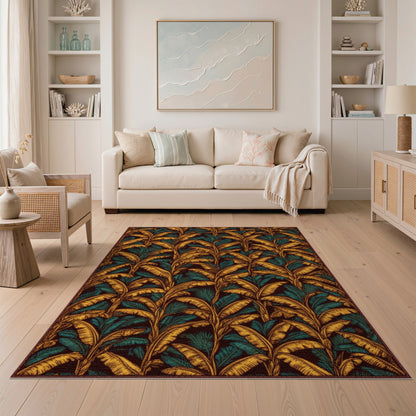 Gold Teal Leaf Boho Area Rug