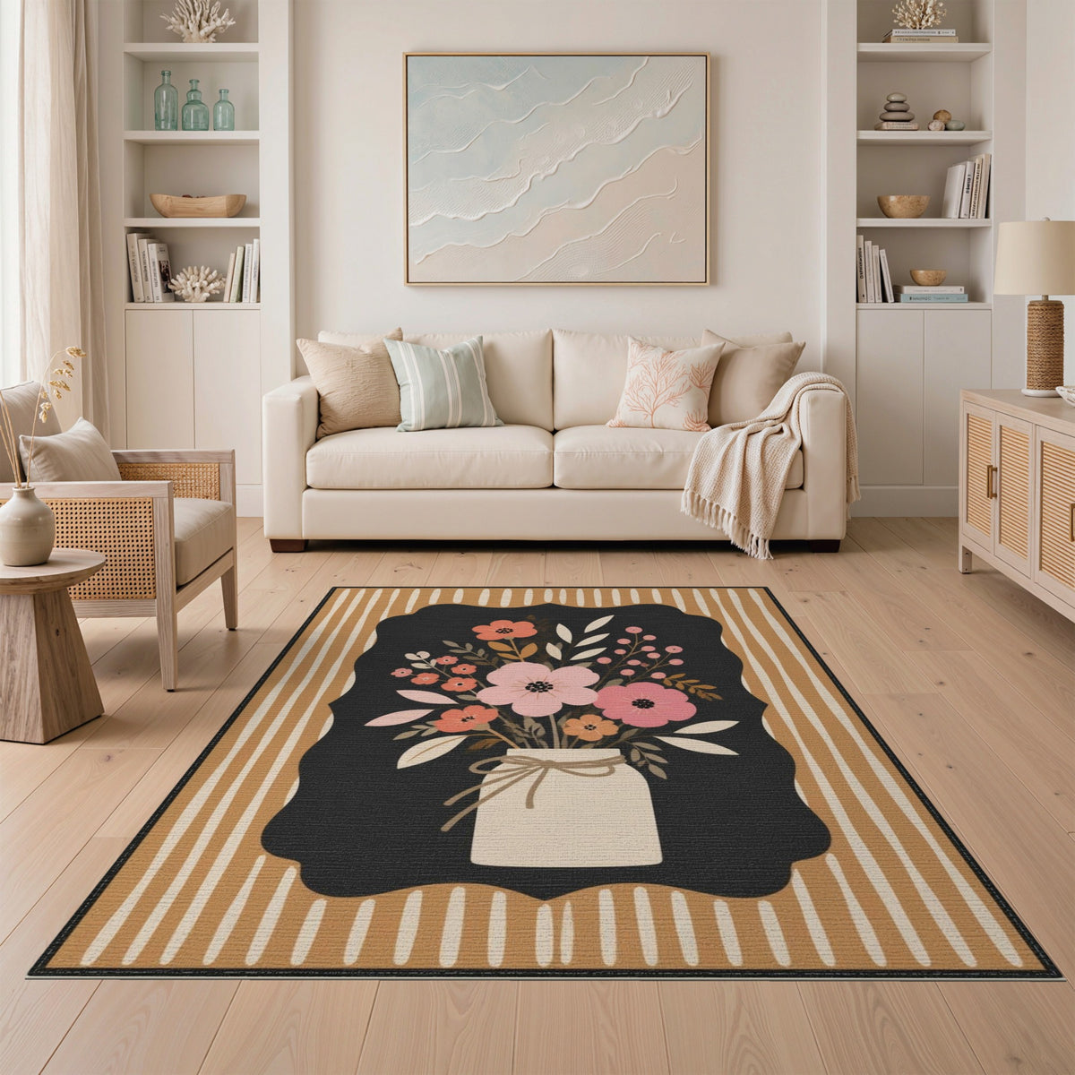 Brown Tan Floral Vase Area Rug