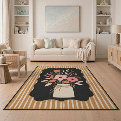 Brown Tan Floral Vase Area Rug