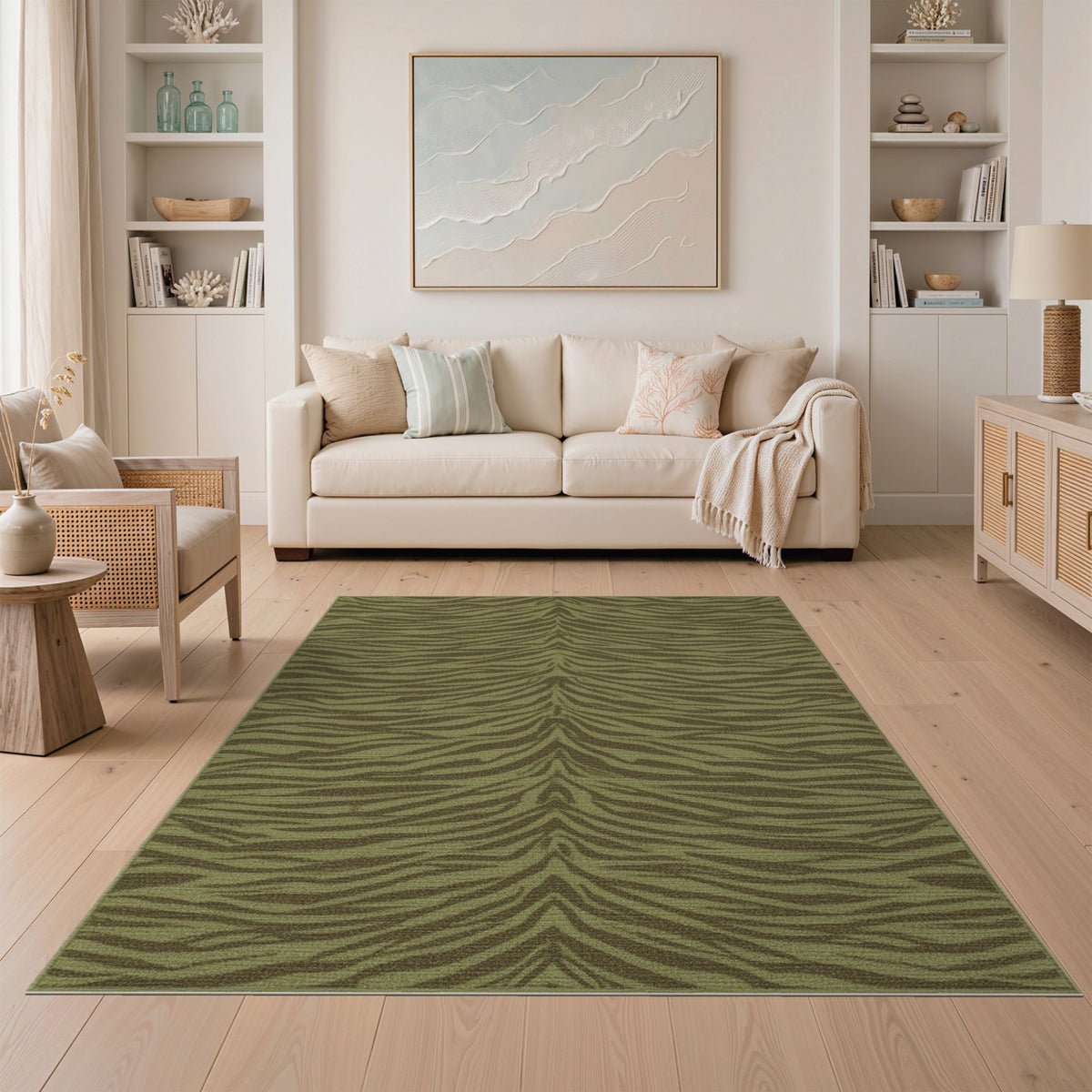 Green Wavy Stripe Washable Area Rug