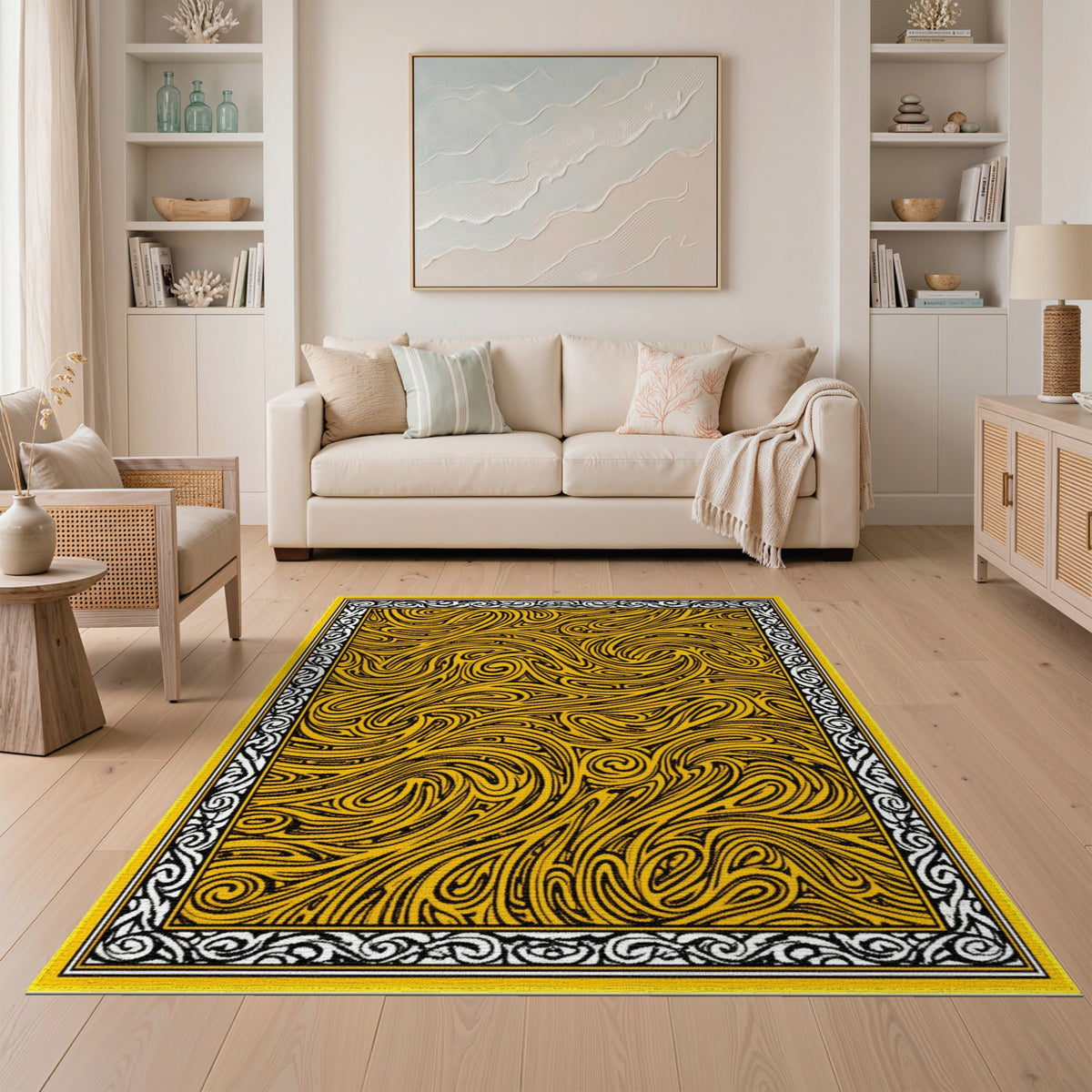 Bold Yellow Swirl Abstract Area Rug