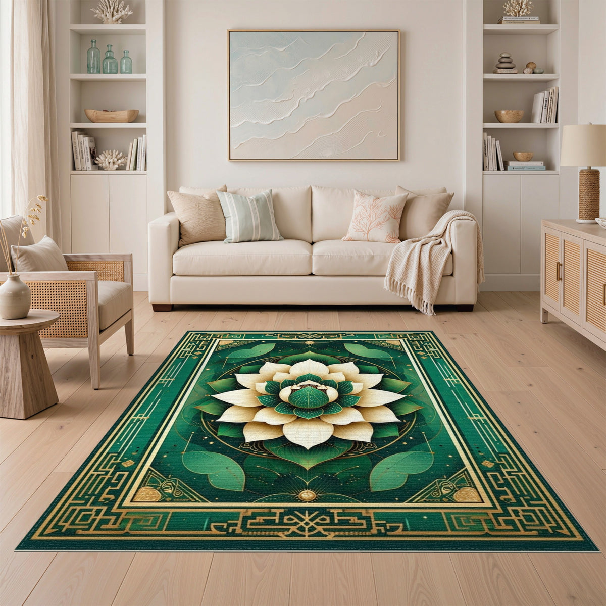 Floral Vintage Green Lotus Floral Area Rug