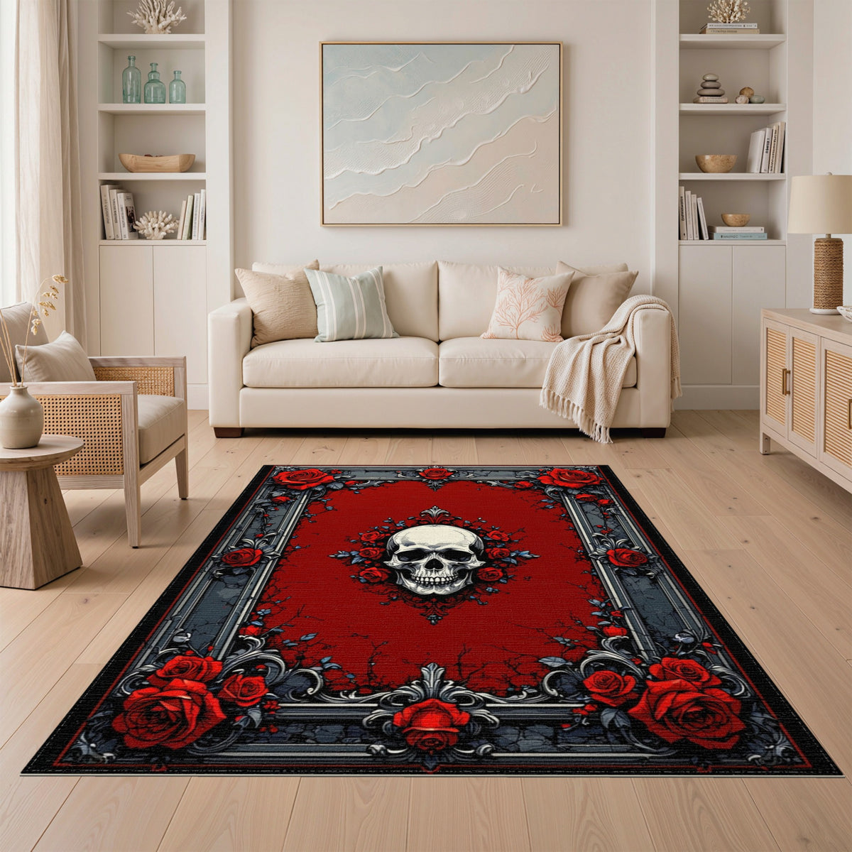 Red Skull Roses Ornate Vintage Area Rug