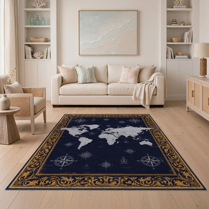 Navy Vintage World Map Rug with Gold Border