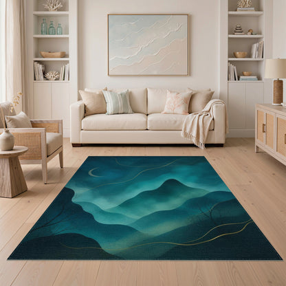 Midnight Teal Mountain Moon Area Rug