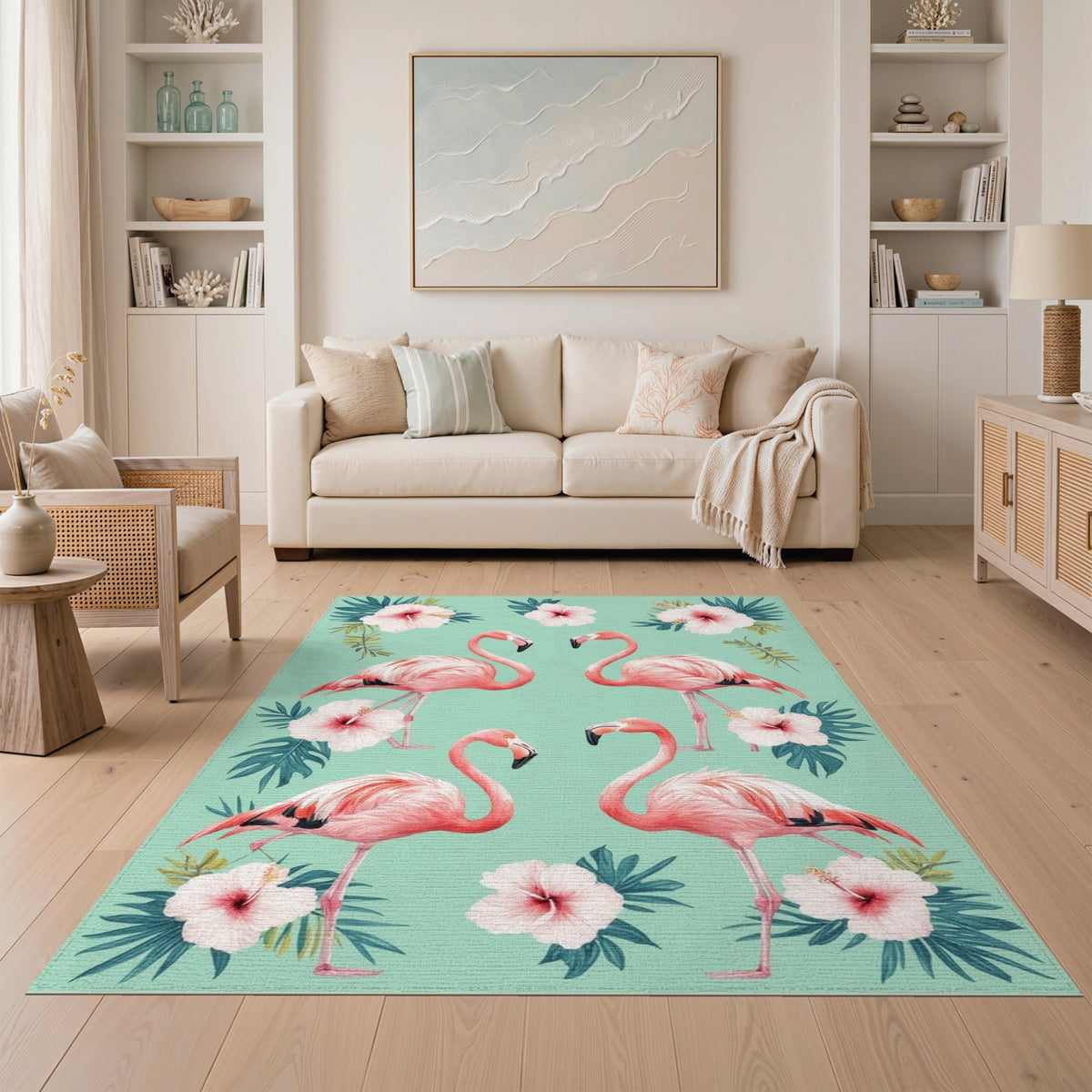 Floral Vintage Pink Flamingo Floral Washable Area Rug