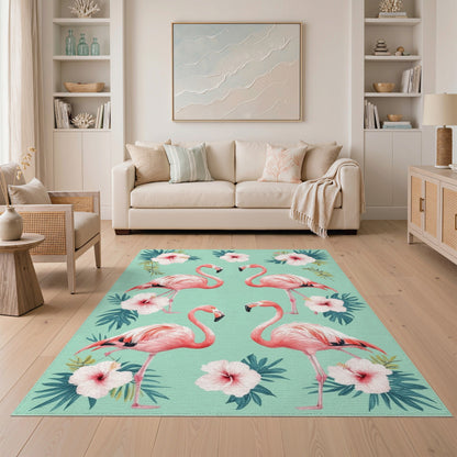 Floral Vintage Pink Flamingo Floral Washable Area Rug