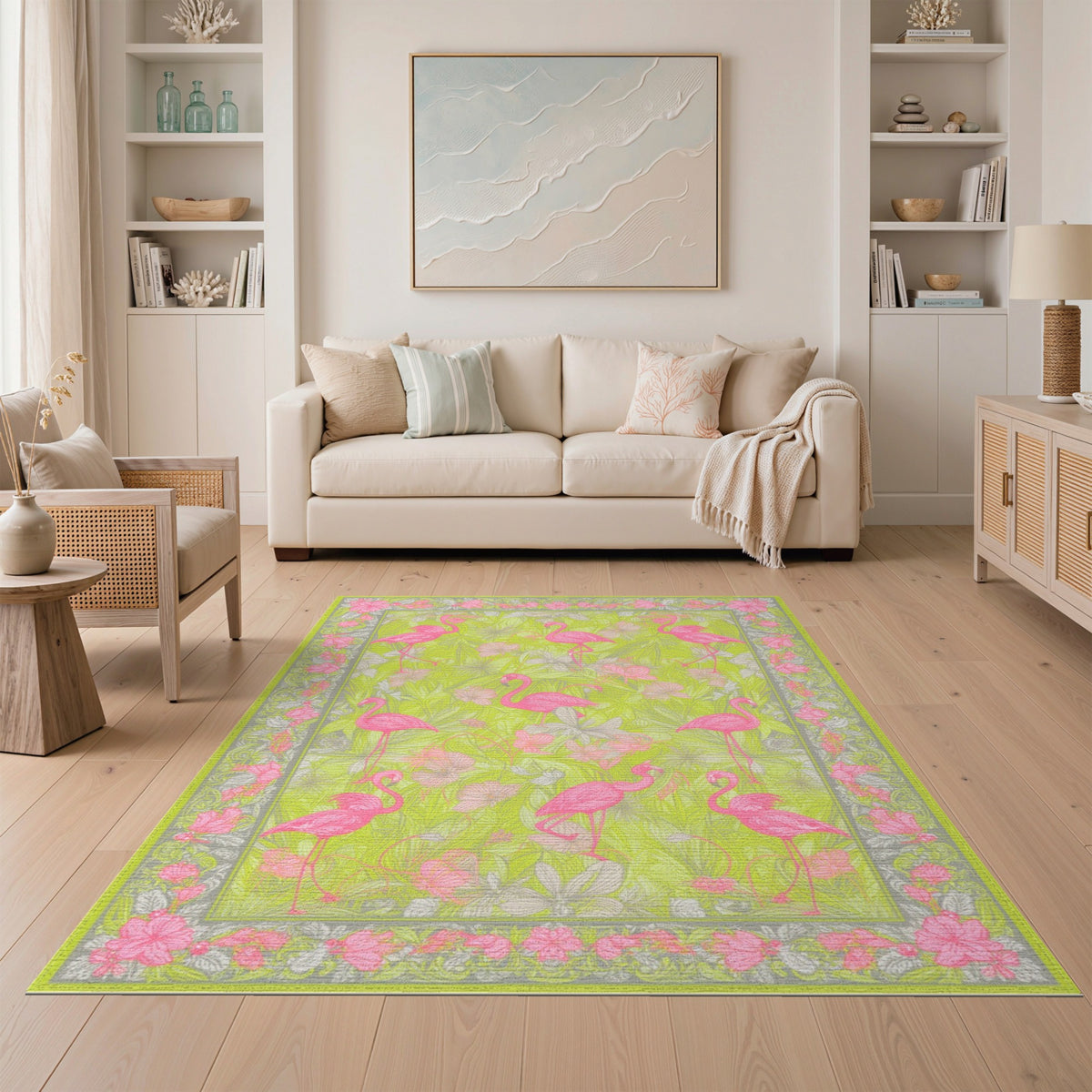 Floral Vintage Pink Flamingo Floral Area Rug