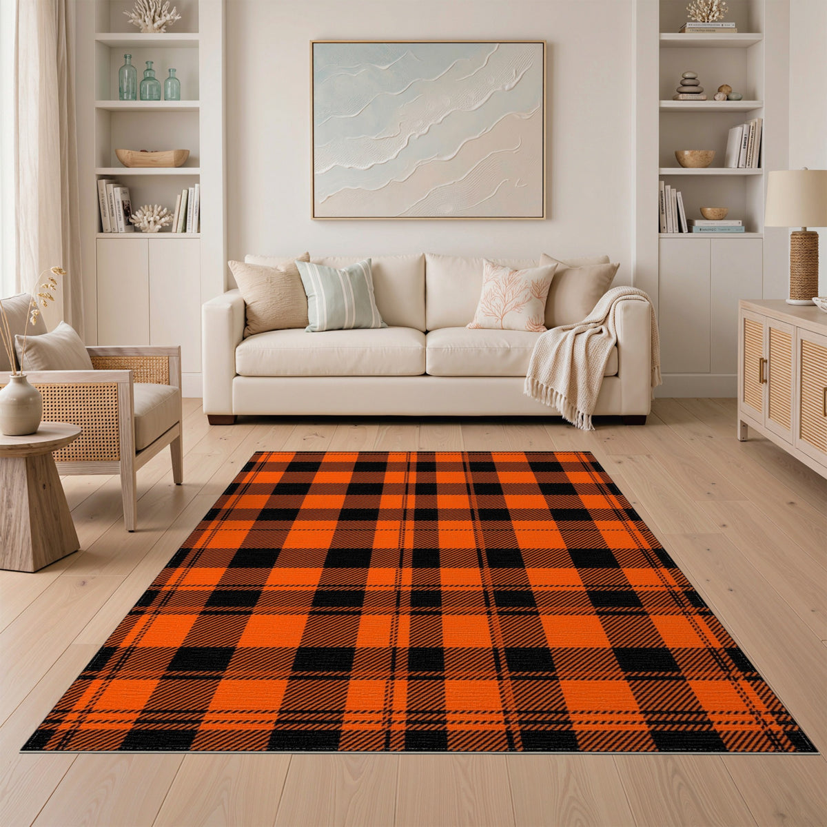 Geometric Modern Orange Black Buffalo Plaid Area Rug