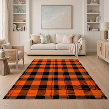 Geometric Modern Orange Black Buffalo Plaid Area Rug