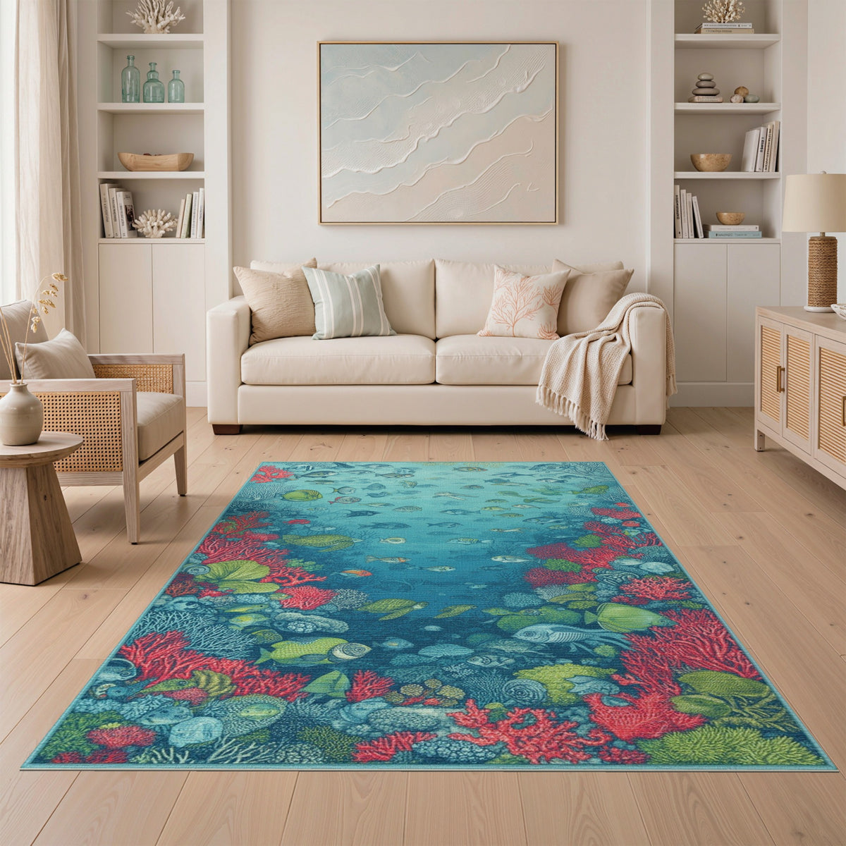 Blue and Teal Ocean Coral Reef Fish Area Rug