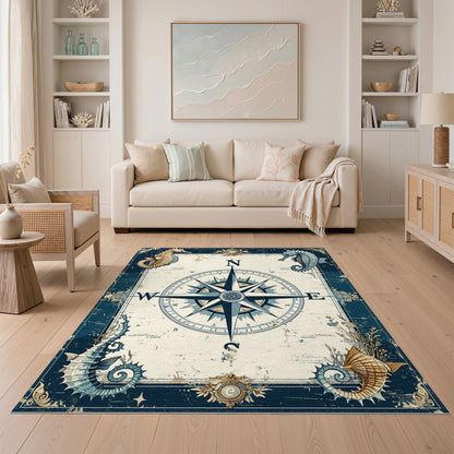 Vintage Compass Seahorse Blue Area Rug