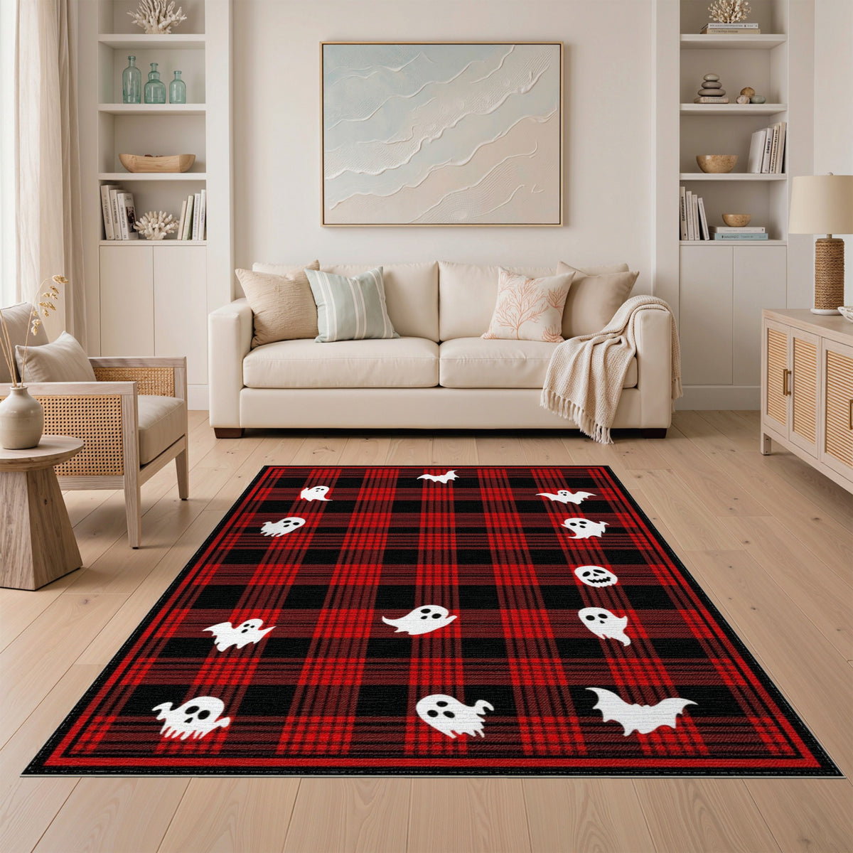 Red Plaid Halloween Ghost Bat Kids Rug