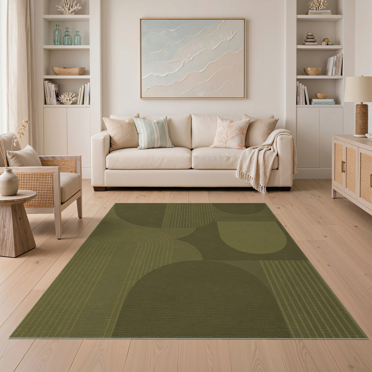 Olive Green Geometric Arcs Area Rug