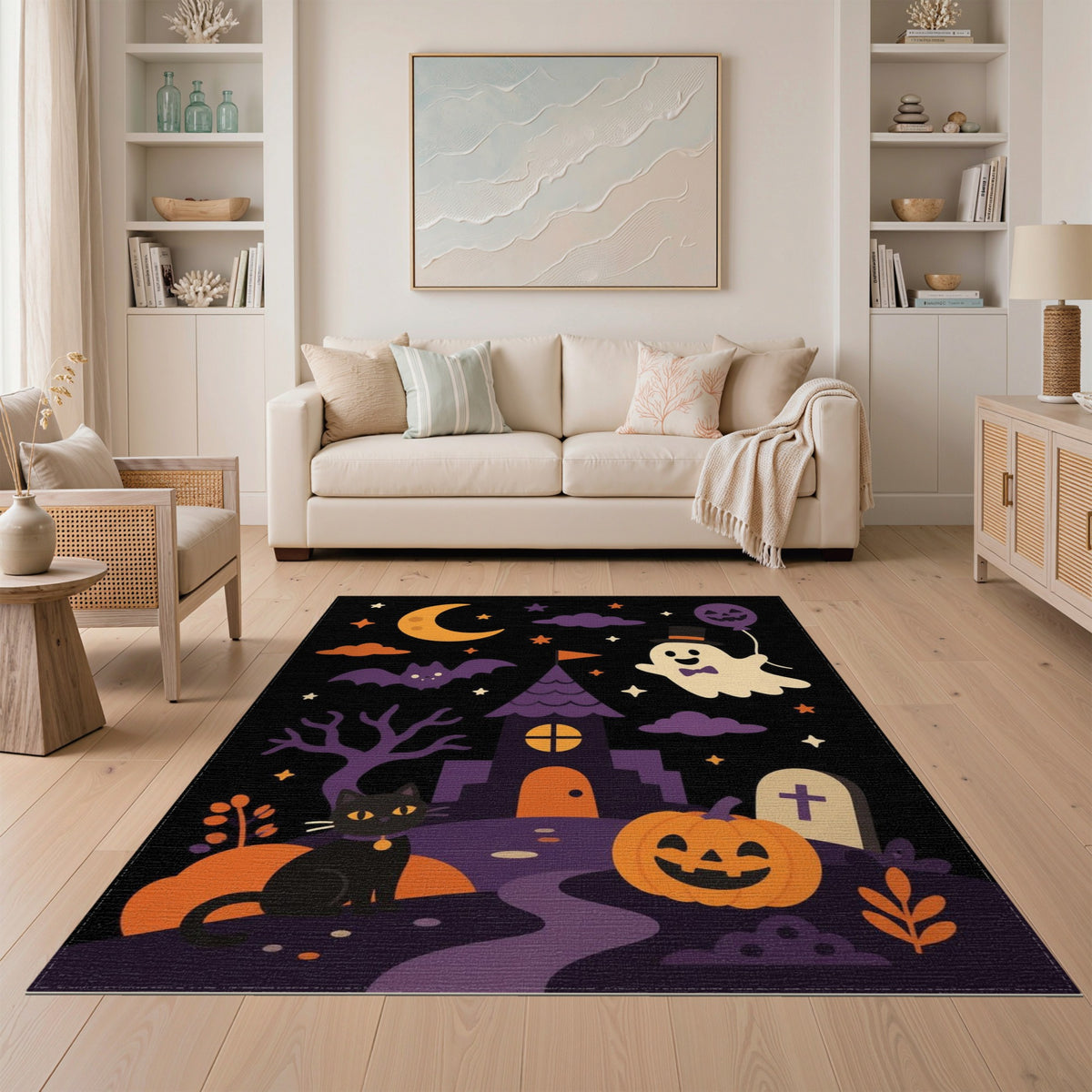 Cute Halloween Ghost Cat Kids Cartoon Area Rug