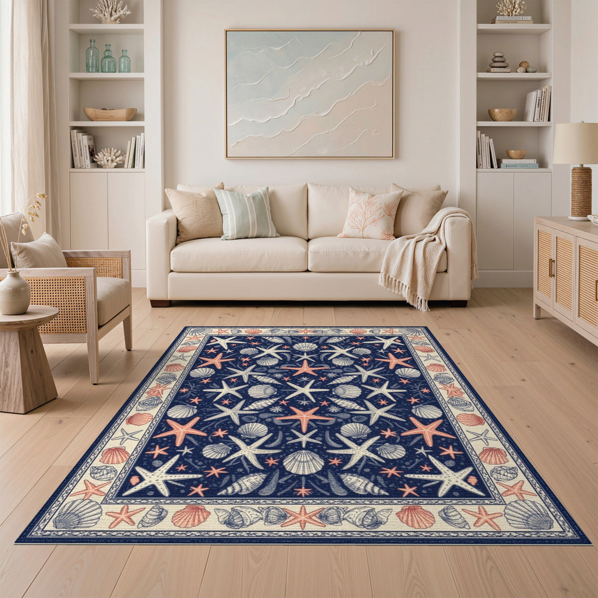Blue and Teal Navy Coastal Starfish Seashell Area Rug