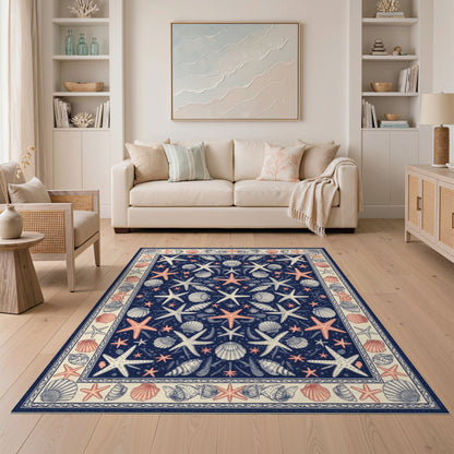 Blue and Teal Navy Coastal Starfish Seashell Area Rug