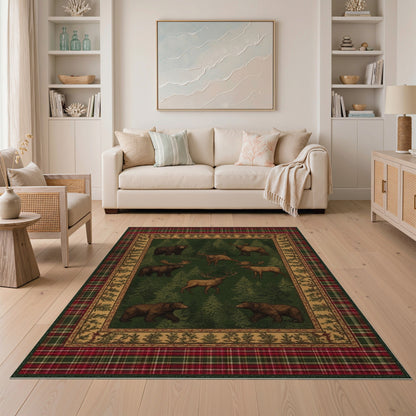 Rustic Bear Moose Forest Plaid Area Rug