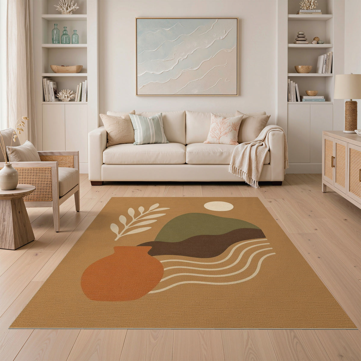 Abstract Earth Tone Area Rug with Terracotta Vase