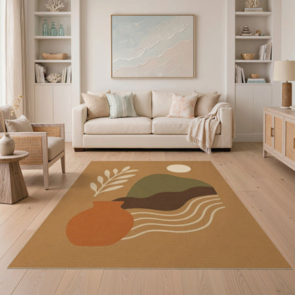 Abstract Earth Tone Area Rug with Terracotta Vase