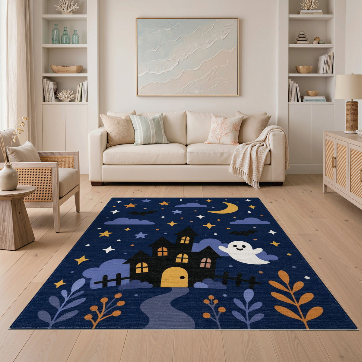 Spooky Ghost Haunted House Kids Cartoon Area Rug