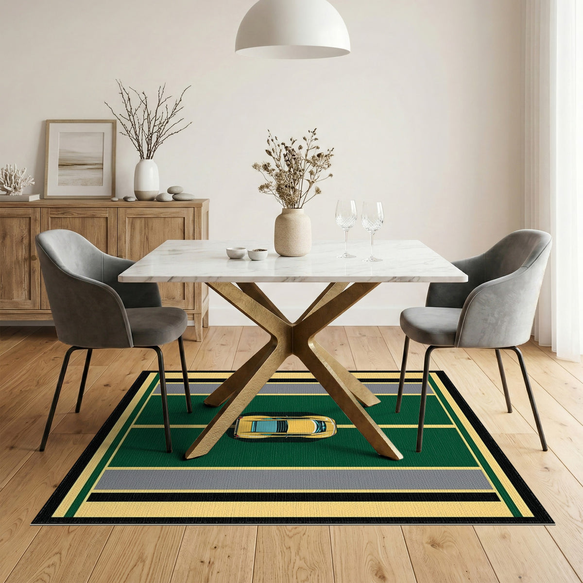 Yellow Car Green Geometric Area Rug