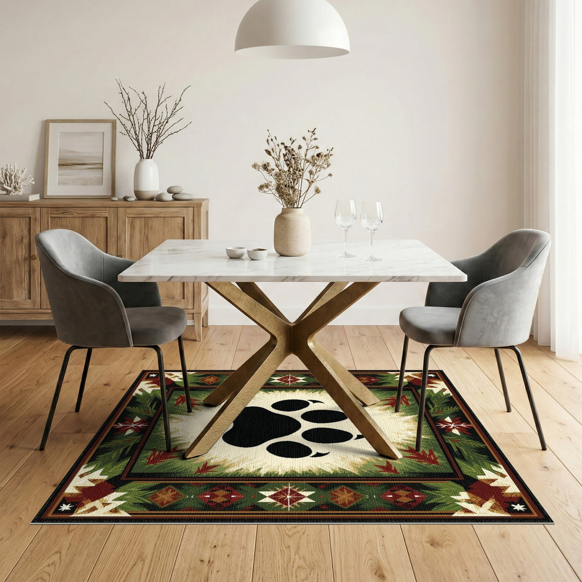 Bear Paw Print Green Rustic Area Rug